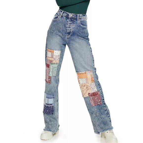 SO Super High Rise DAD Jeans Patchwork Raw Hem Acid Wash Sz 9/29W Junior Button - Picture 2 of 15